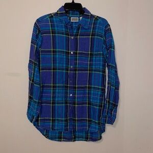 Chico’s Design Plaid Linen Tunic Length Button Down Shirt Size Medium